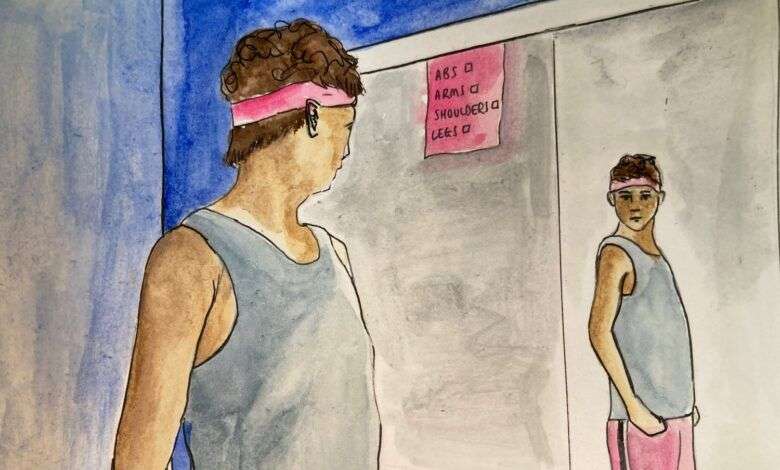 یک تصویر نقاشی از یک مرد جوان با پیراهن حلقه ای طوسی و سربند صورتی که جلوی آینه ایستاده است و فکر می کند خوش هیکل نیست