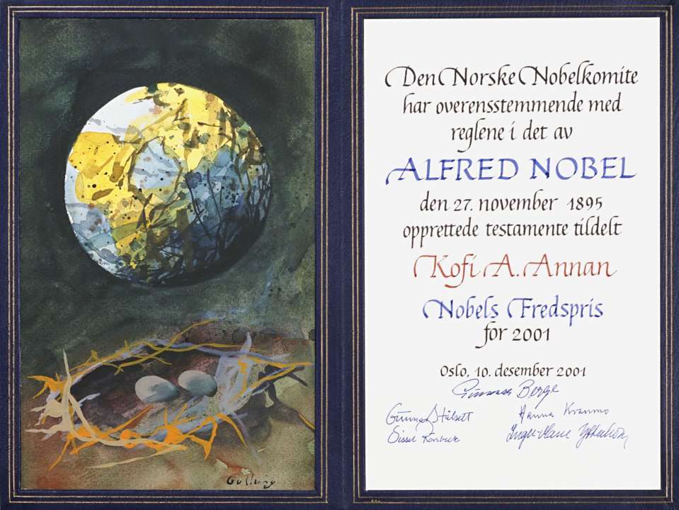 دیپلم افتخار اعطایی به کوفی عنان، دبیر کل وقت سازمان ملل متحد و برنده جایزه صلح نوبل 2001. 