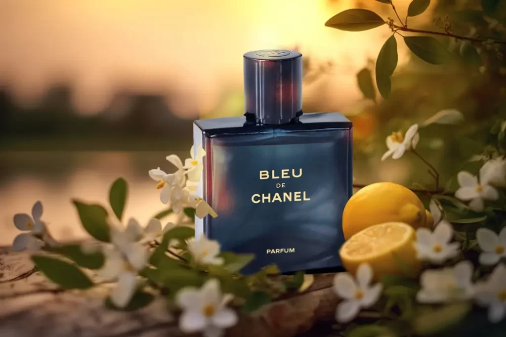 عطر بلو دو شنل در میان لیمو و گل ها که برگرفته از نت های تشکیل دهنده آن است.