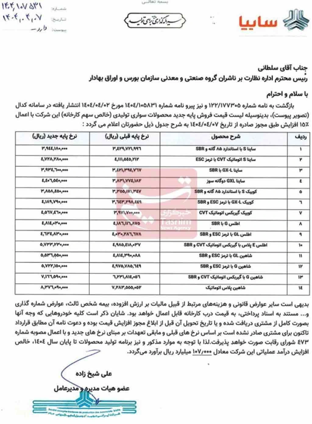  قیمت جدید خودروهای سایپا اعلام شد