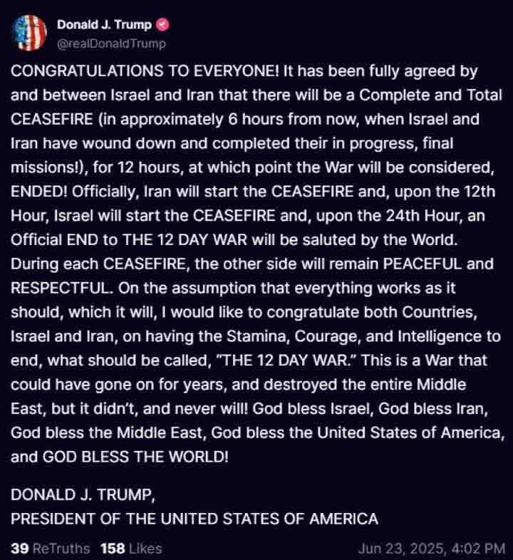 ترامپ از اعلام آتش بس بین ایران و اسرائیل خبر داد 2  ترامپ از اعلام آتش بس بین ایران و اسرائیل خبر داد