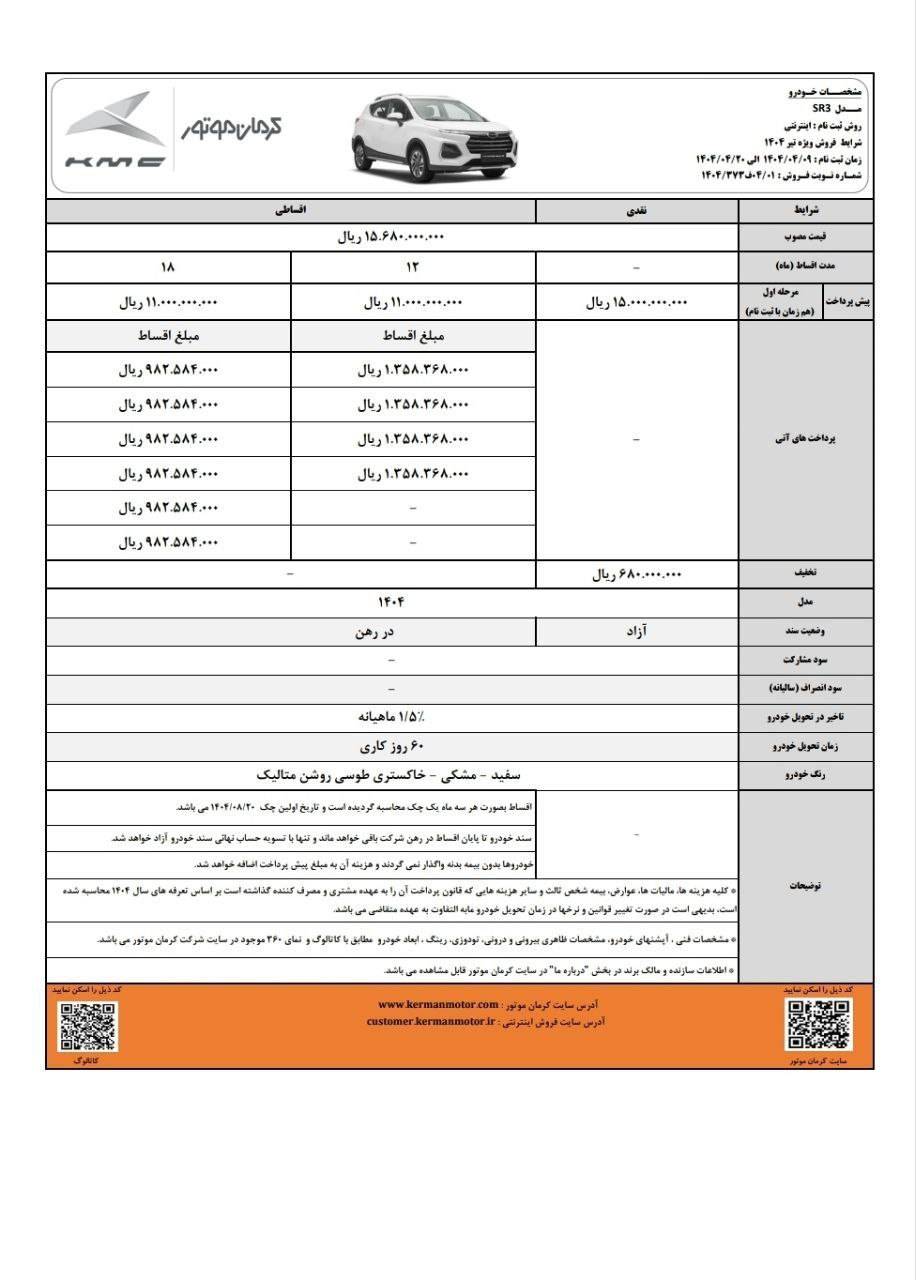 اولین شرایط فروش کی ام سی SR3 برای تیر 1404 توسط کرمان موتور اعلام شد 2 شرایط فروش کی ام سی SR3 برای تیر 1404