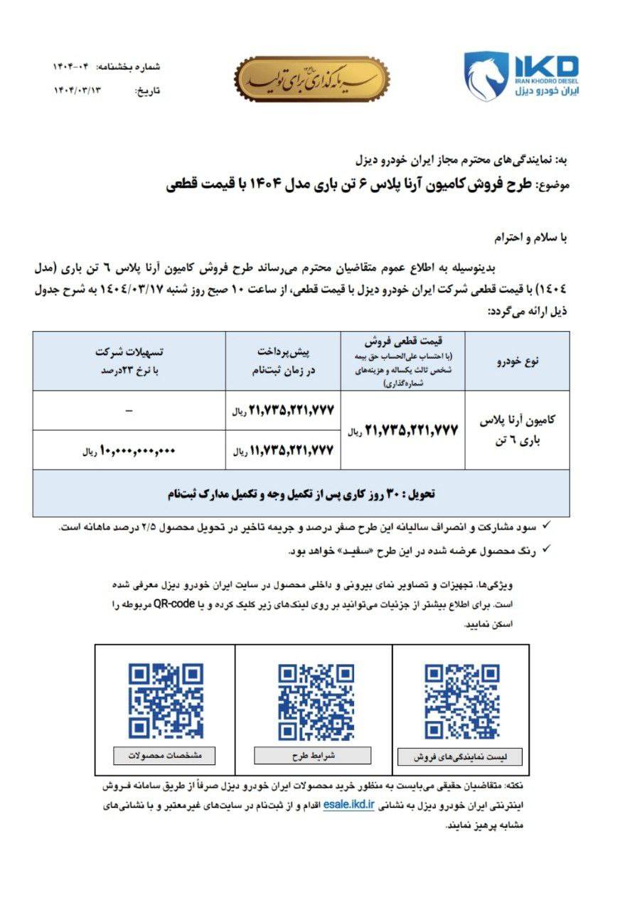 شرایط فروش کامیون آرنا پلاس خرداد 1404 اعلام شد 2 شرایط فروش کامیون آرنا پلاس خرداد 1404