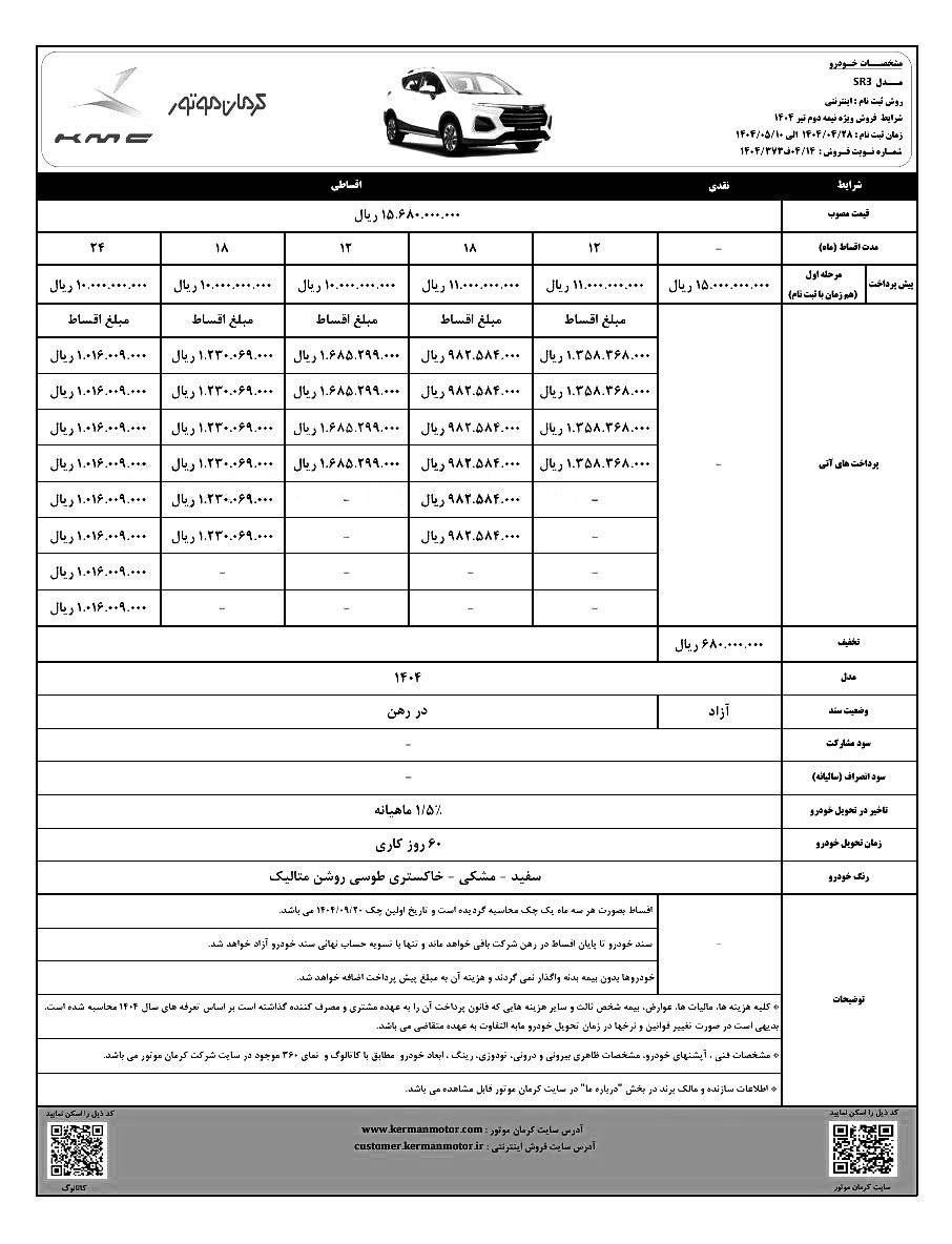 شرایط فروش KMC SR3 تیر 1404