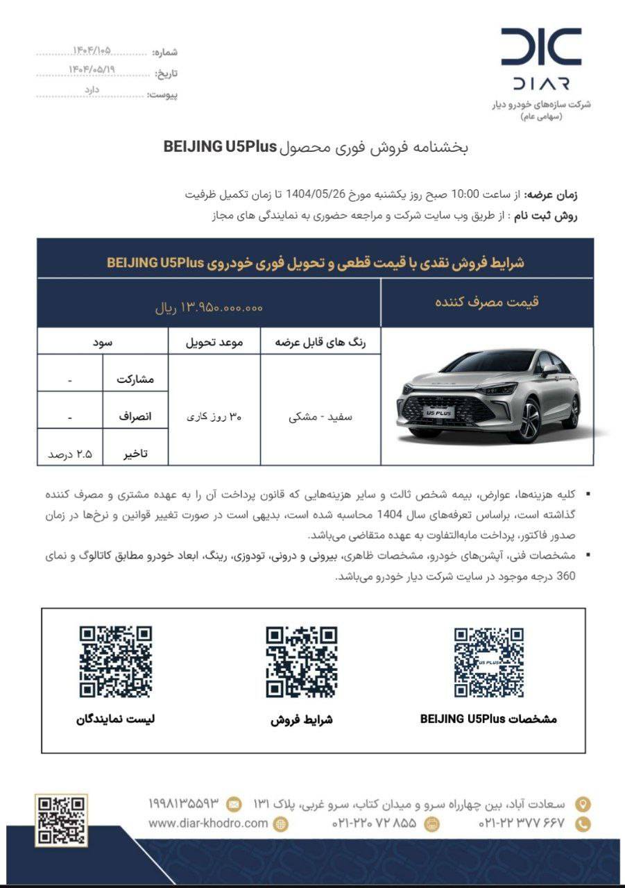 شرایط فروش بایک U5 پلاس مرداد 1404