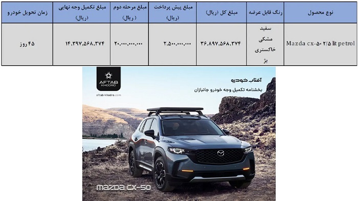 شرایط فروش مزدا CX 50 شهریور 1404 2 شرایط فروش مزدا CX 50 شهریور 1404