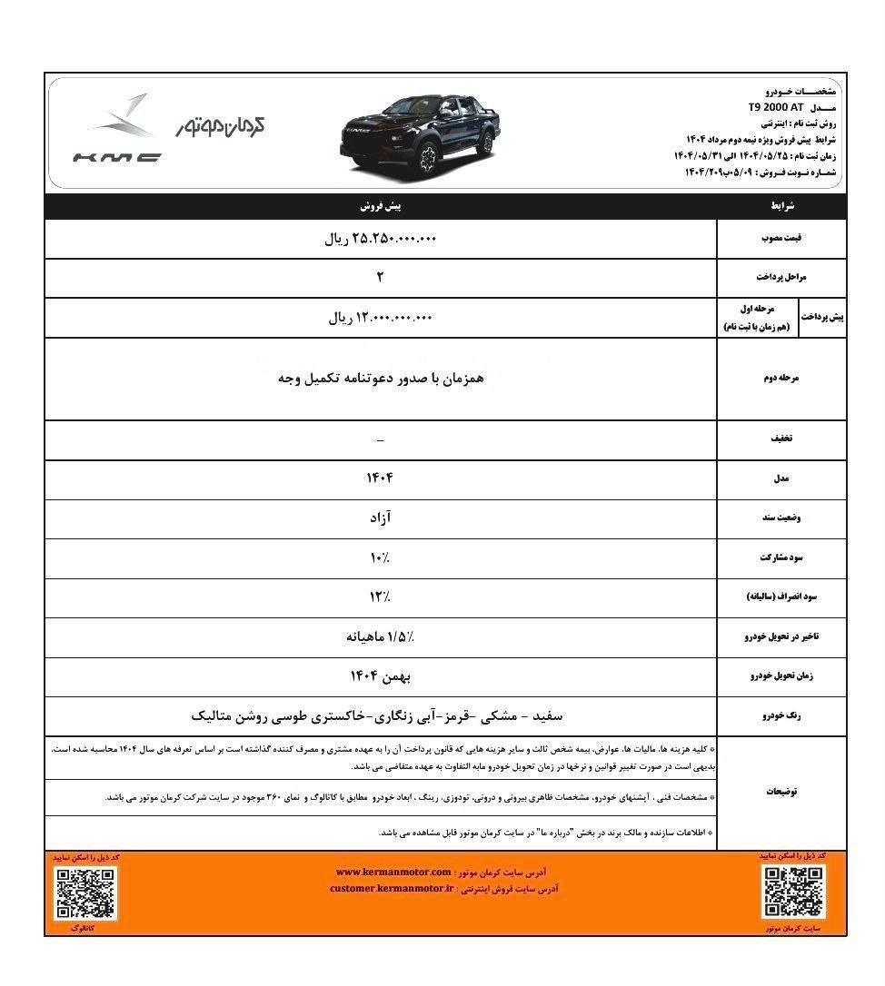 شرایط فروش کی ام سی تی 9 مرداد 1404 (فروش نقدی دومرحلهای) 2 شرایط فروش کی ام سی تی 9 مرداد 1404