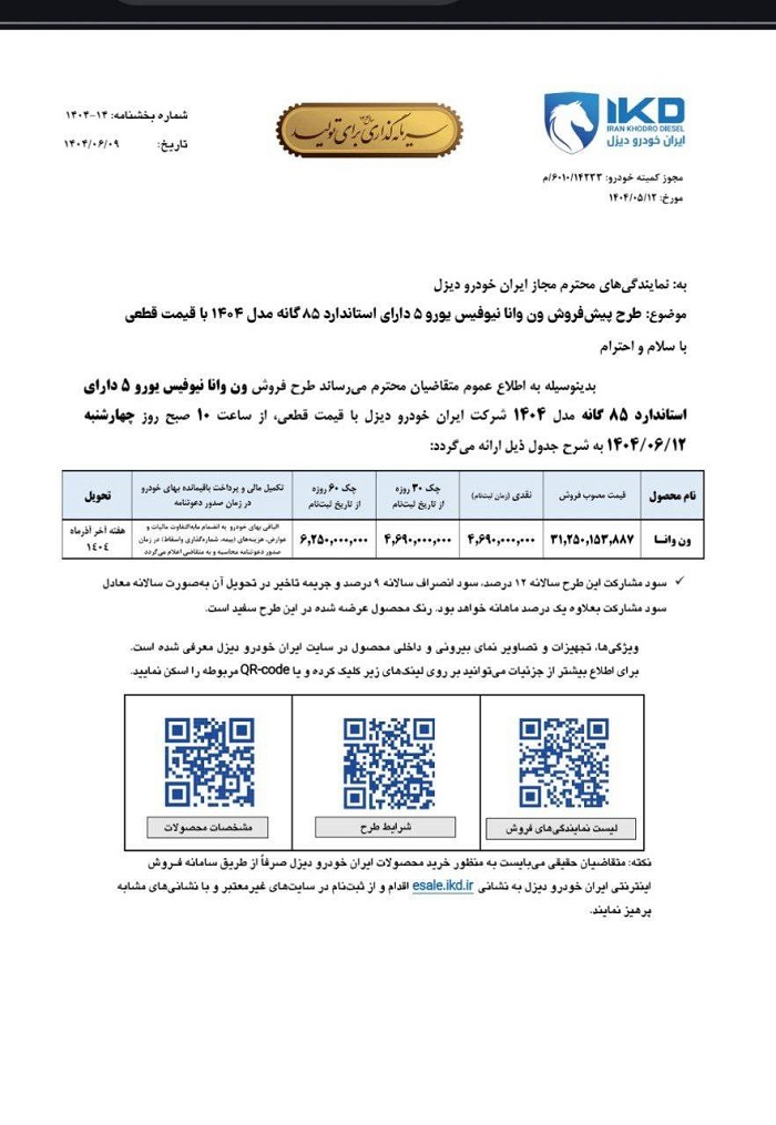 شرایط فروش ون وانا نیوفیس شهریور 1404 2 شرایط فروش ون وانا نیوفیس شهریور 1404