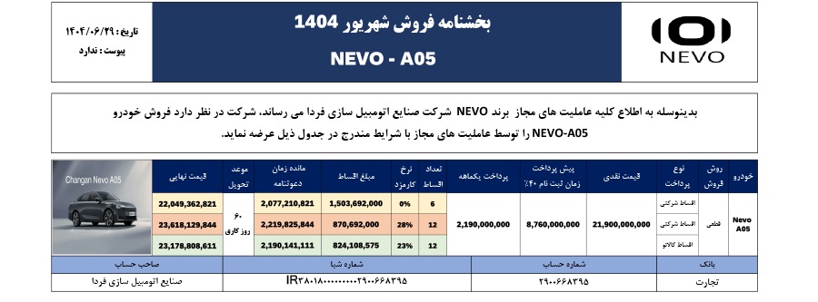 شرایط فروش نوو A05 مهر 1404: فروش نقد و اقساط 2 شرایط فروش نوو A05 مهر 1404