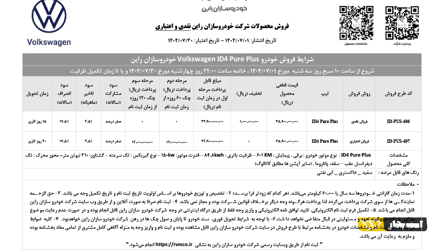شرایط فروش فولکس واگن ID4 مهر 1404 اعلام شد 2 شرایط فروش فولکس واگن ID4 مهر 1404