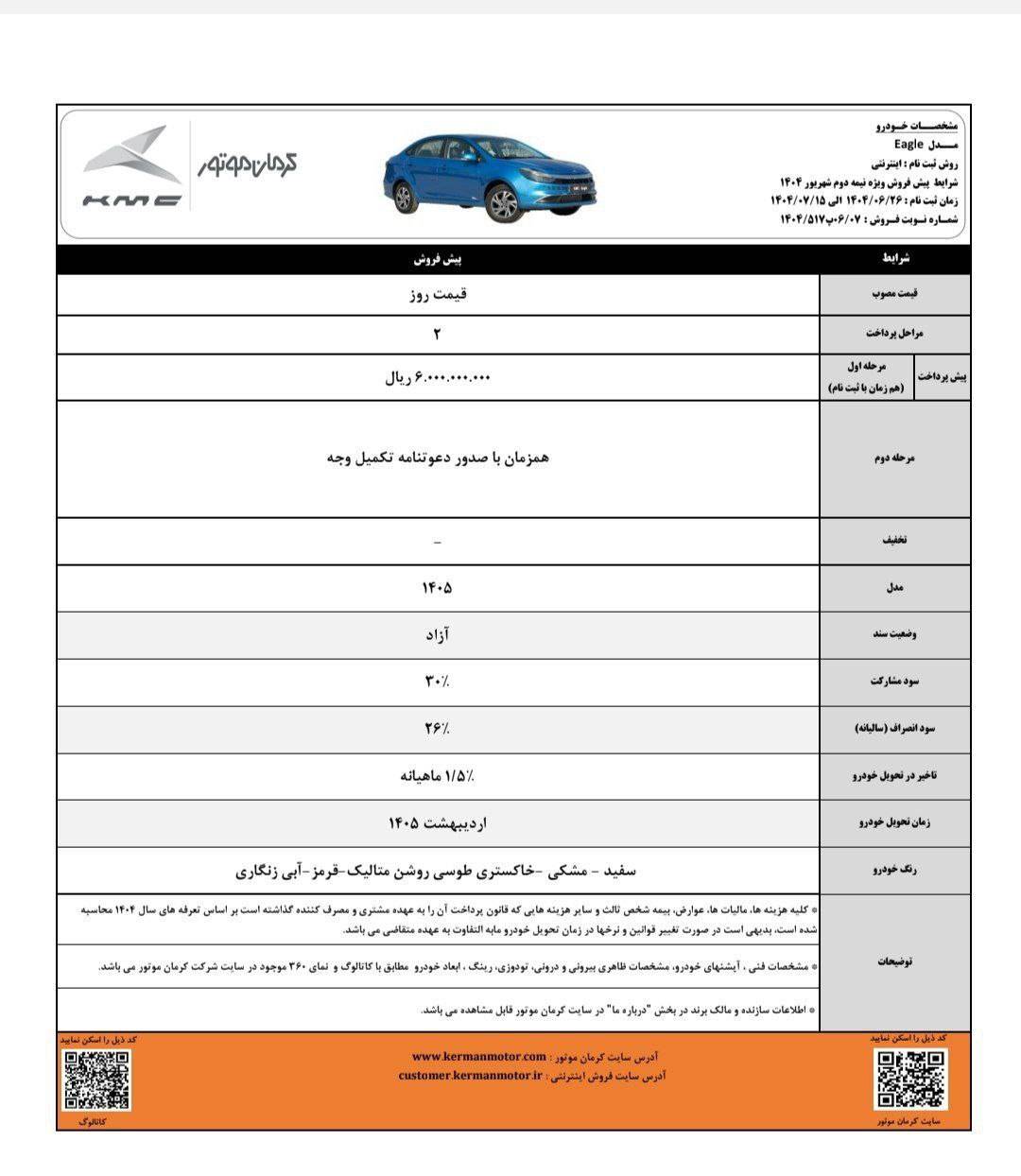 شرایط فروش کی ام سی ایگل شهریور 1404 2 شرایط فروش کی ام سی ایگل شهریور 1404