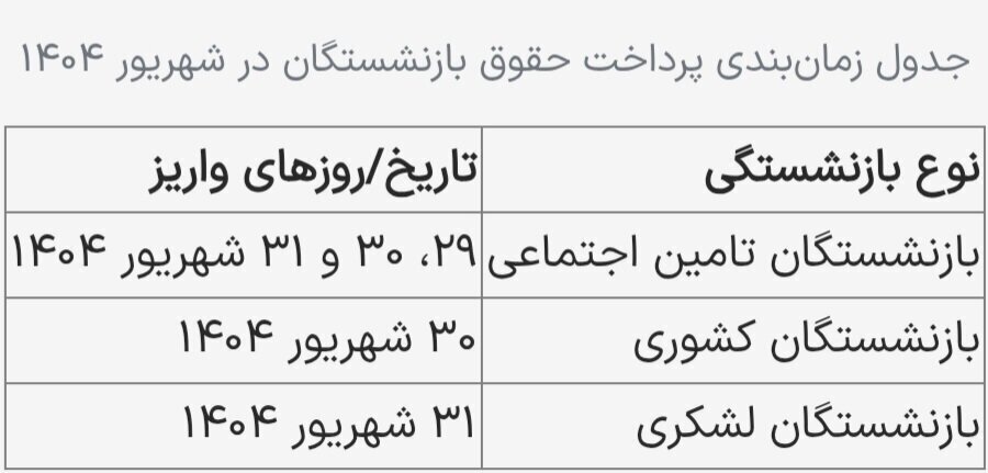 واریز حقوق بازنشستگان شهریور 1404 +جدول زمانبندی 2 واریز حقوق بازنشستگان شهریور 1404