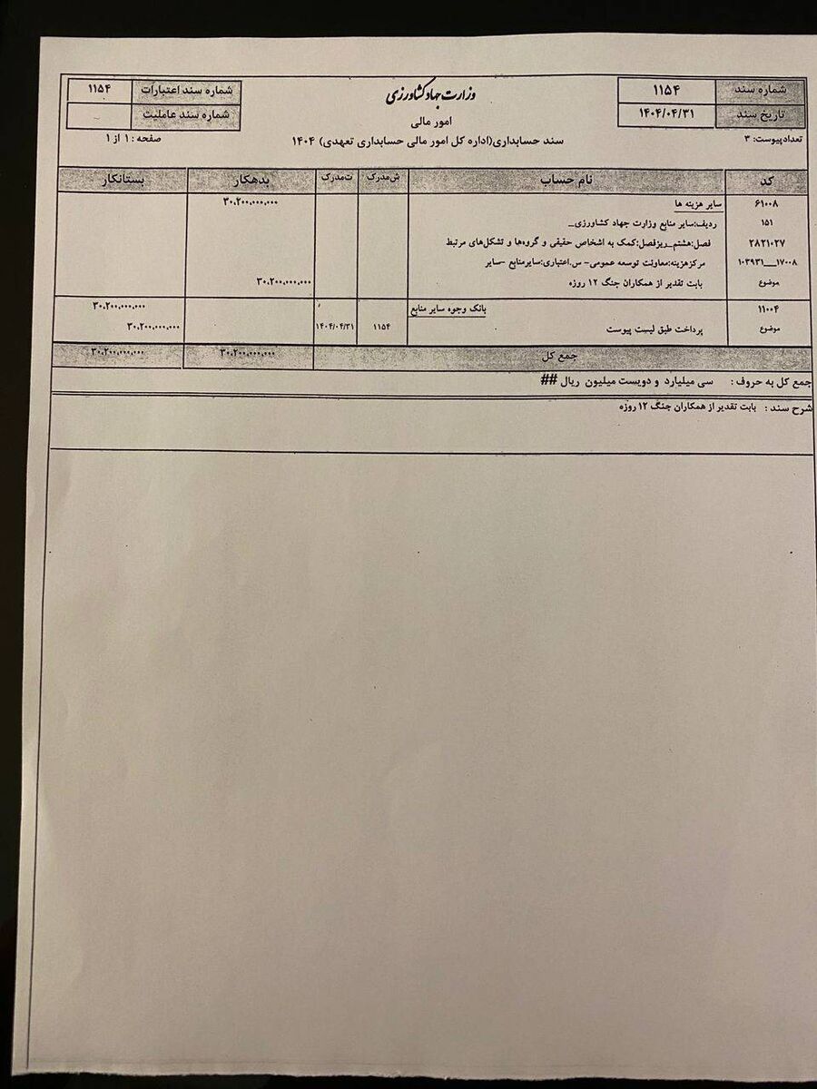جنجال پرداخت 40 میلیون تومان به مدیران وزارت جهاد با عنوان پاداش جنگ 12 روزه! +سند 2 پرداخت 40 میلیون تومان به مدیران وزارت جهاد