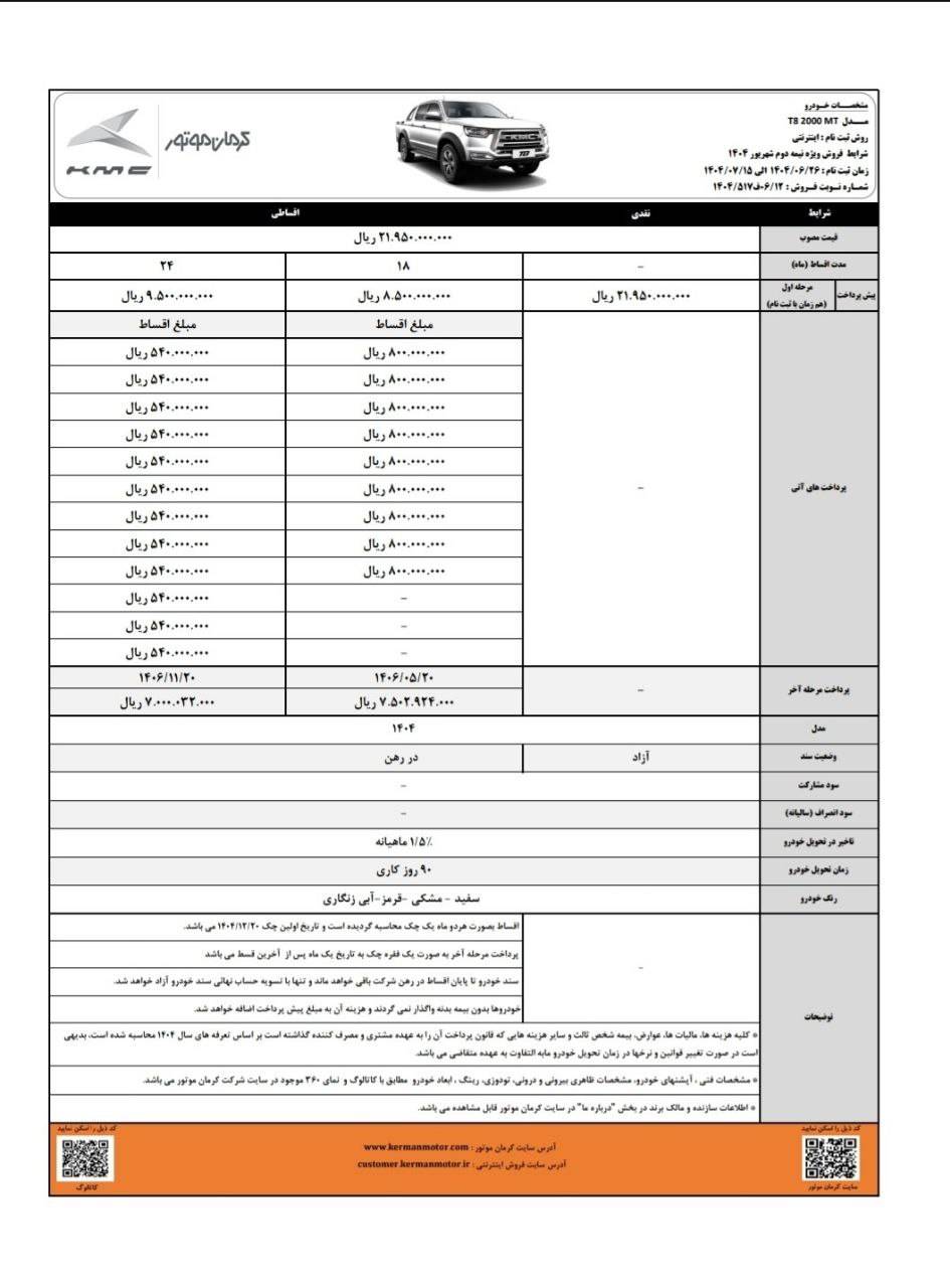 شرایط فروش کی ام سی T8 شهریور 1404 2 شرایط فروش کی ام سی T8 شهریور 1404