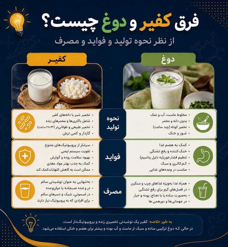 تفاوت دوغ و کفیر چیست و هر یک چه فوایدی دارند؟ 2 تفاوت دوغ و کفیر