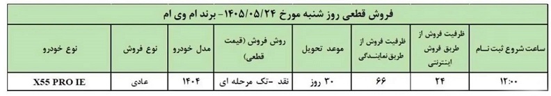 شرایط فروش ام وی ام x55 پرو برای شهریور 1405 اعلام شد
