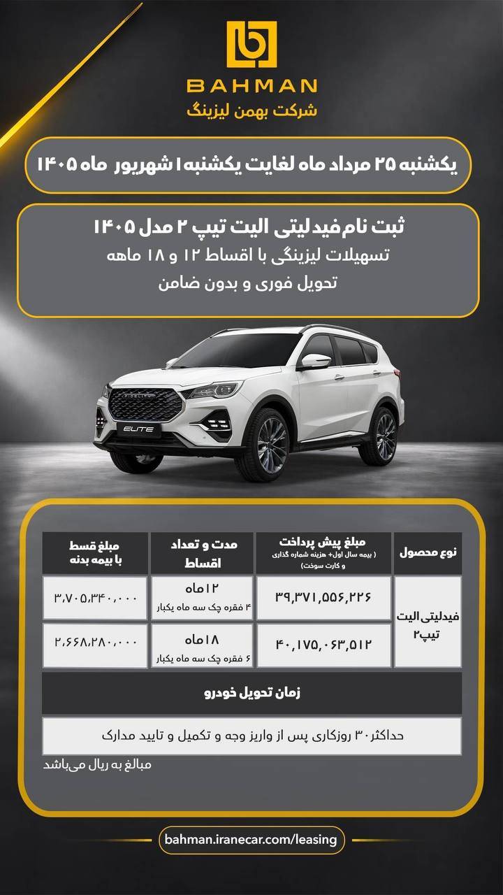شرایط فروش اقساطی ریسپکت 2 و فیدلیتی الیت تیپ 2 در مرداد 1405 اعلام شد 3 شرایط فروش اقساطی ریسپکت 2 و فیدلیتی الیت تیپ 2 در مرداد 1405 اعلام شد