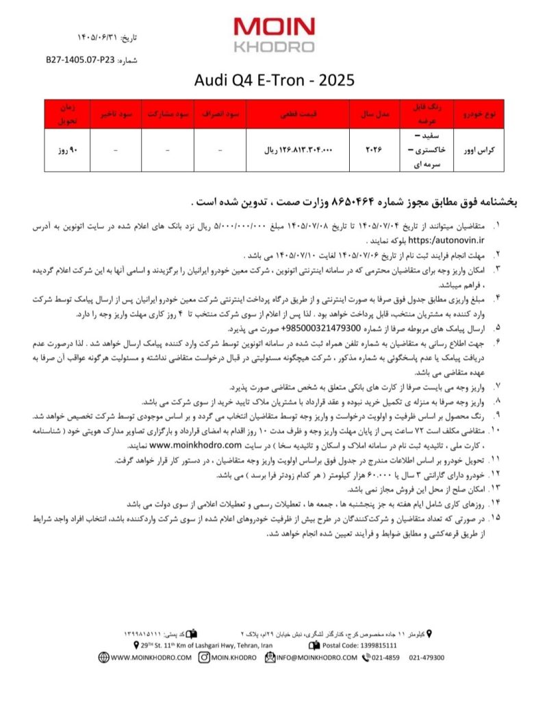 شرایط فروش 2 محصول وارداتی معین خودرو برای مهر 1405