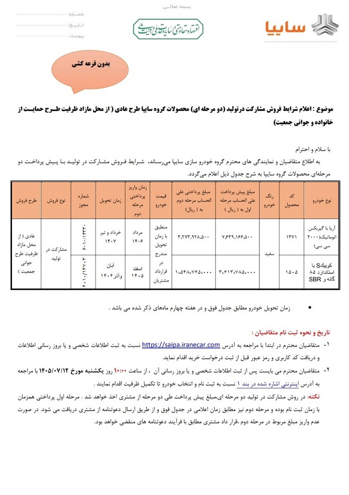 شرایط فروش محصولات سایپا برای مهر 1405