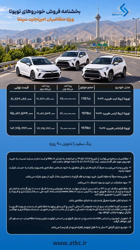 شرایط فروش 3 مدل تویوتا در آبان 1405