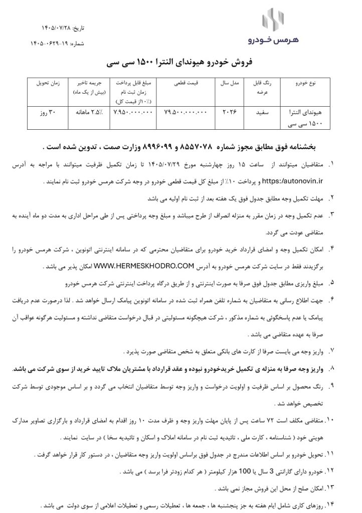 شرایط فروش هیوندای النترا برای مهر 1405