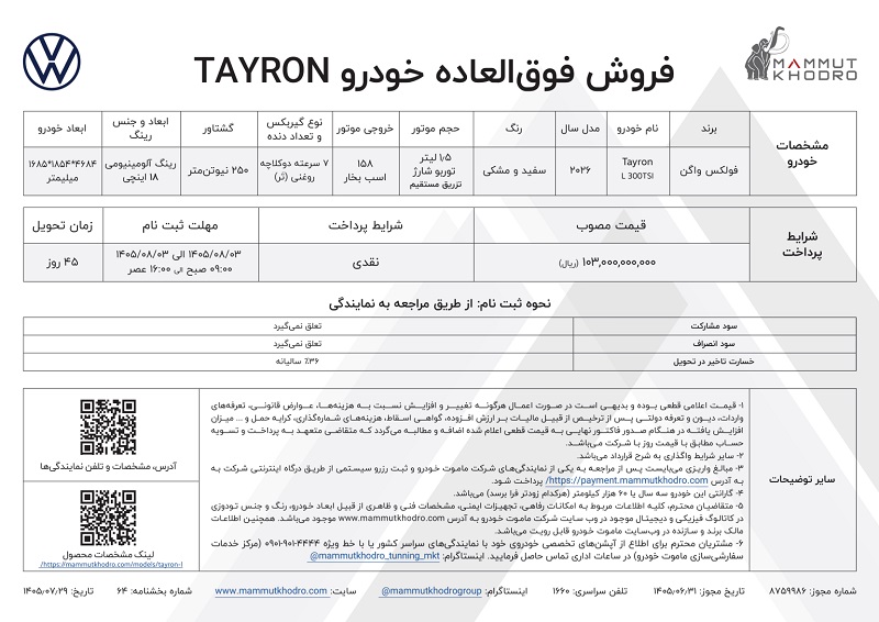 شرایط فروش فولکس واگن تایرون L برای آبان 1405 اعلام شد 2 شرایط فروش فولکس واگن تایرون L برای آبان 1405